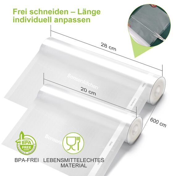 Bonsenkitchen Vakuumrollen 6 Rollen 20cm x 600cm + 28cm x 600cm Vakuumierfolie - Profi Vakuumbeutel für Vakuumierer Lebensmittel Vakuumiergerät, Kochfest und Sous Vide Gefrierbeutel, BPA-frei, VB3211