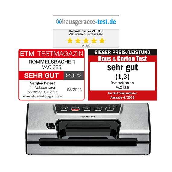 ROMMELSBACHER Vakuumierer VAC 385, 12 Liter/Minute, Einhandbedienung, Rollenfach, stabile Versiegelungsnaht, Schlauchanschluss für Behälter, vollautomatisch & manuell absaugen & versiegeln, Edelstahl