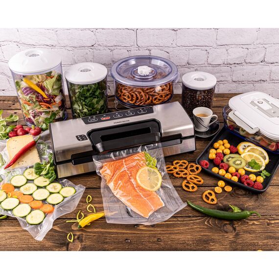 ROMMELSBACHER Vakuumierer VAC 385, 12 Liter/Minute, Einhandbedienung, Rollenfach, stabile Versiegelungsnaht, Schlauchanschluss für Behälter, vollautomatisch & manuell absaugen & versiegeln, Edelstahl