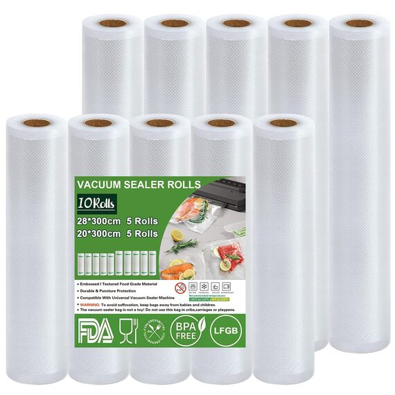 Omtofo Vakuumierrollen 5 Rollen 28x300cm + 5 Rollen 20x300cm Vakuumierfolie - Profi Vakuumbeutel für Vakuumierer Lebensmittel Vakuumiergerät, Kochfest und Sous Vide Gefrierbeutel, BPA-frei