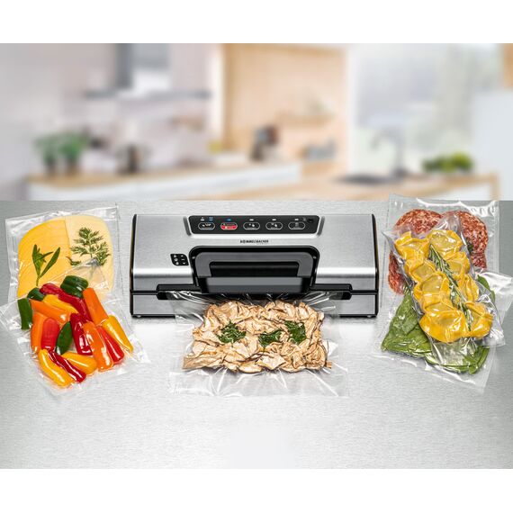 ROMMELSBACHER Vakuumierer VAC 385, 12 Liter/Minute, Einhandbedienung, Rollenfach, stabile Versiegelungsnaht, Schlauchanschluss für Behälter, vollautomatisch & manuell absaugen & versiegeln, Edelstahl