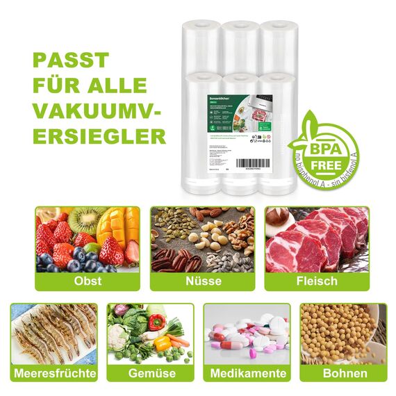 Bonsenkitchen Vakuumrollen 6 Rollen 20cm x 600cm + 28cm x 600cm Vakuumierfolie - Profi Vakuumbeutel für Vakuumierer Lebensmittel Vakuumiergerät, Kochfest und Sous Vide Gefrierbeutel, BPA-frei, VB3211