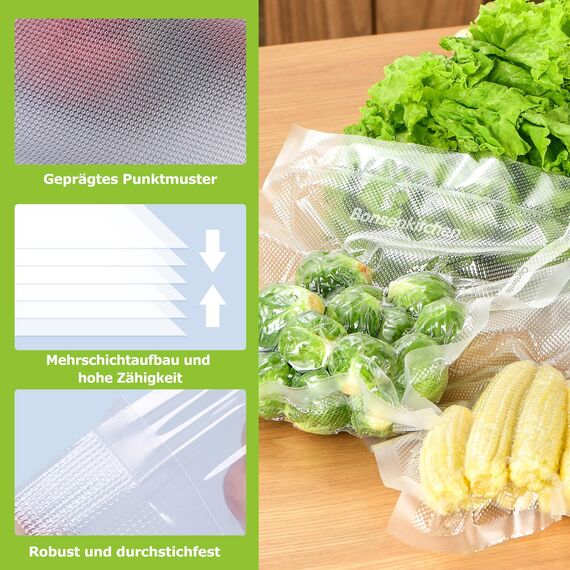 Bonsenkitchen Vakuumrollen 6 Rollen 20cm x 600cm + 28cm x 600cm Vakuumierfolie - Profi Vakuumbeutel für Vakuumierer Lebensmittel Vakuumiergerät, Kochfest und Sous Vide Gefrierbeutel, BPA-frei, VB3211