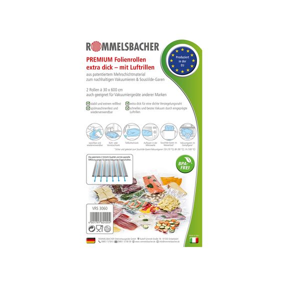 ROMMELSBACHER VRS 3060 Profi Folienrollen 30 x 600cm, 2 Rollen, BPA-frei, extrem stark & reißfest 210μm, eingeprägte Luftrillen, wiederverwendbar, Sous Vide, Made in Europe, für alle Balkenvakuumierer