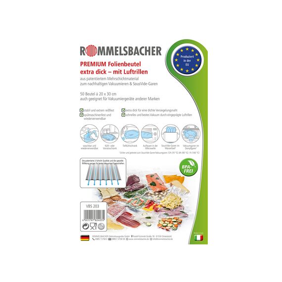 ROMMELSBACHER VBS 203 Profi Folienbeutel 20 x 30cm, 50 Stück, BPA-frei, extrem stark & reißfest 210μm, eingeprägte Luftrillen, wiederverwendbar, Sous vide, Made in Europe, für alle Balkenvakuumierer