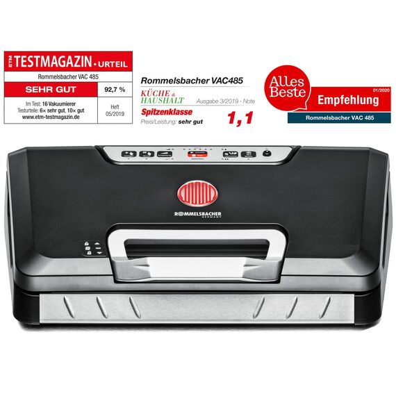 ROMMELSBACHER Vakuumierer VAC 485 - Absaugleistung 15 Liter/Min., Einhand-Bedienung, für Langzeitbetrieb geeignet, Doppel-Versiegelungsnaht, 2 Versiegelungszeiten, für Folien bis 30 cm Breite