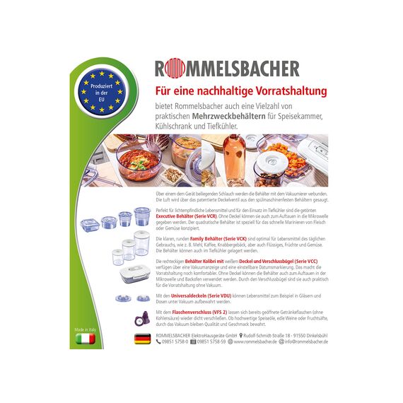 ROMMELSBACHER VRS 2060 Profi Folienrollen 20 x 600cm, 2 Rollen, BPA-frei, extrem stark & reißfest 210μm, eingeprägte Luftrillen, wiederverwendbar, Sous Vide, Made in Europe, für alle Balkenvakuumierer