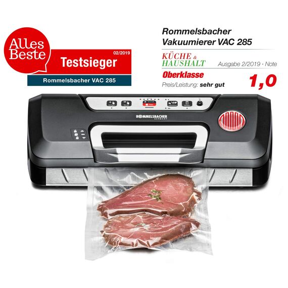 ROMMELSBACHER Vakuumierer VAC 285 - Absaugleistung 9 Liter/Min., Einhand-Bedienung, für Langzeitbetrieb, vollautom. Vakuumieren & Versiegeln, 2 Versiegelungszeiten, für Folien bis 30 cm Breite