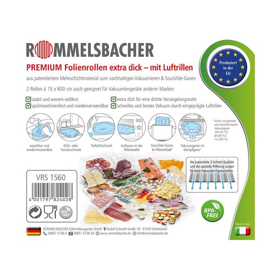 ROMMELSBACHER VRS 1560 Profi Folienrollen 15 x 600cm, 2 Rollen, BPA-frei, extrem stark & reißfest 210μm, eingeprägte Luftrillen, wiederverwendbar, Sous Vide, Made in Europe, für alle Balkenvakuumierer