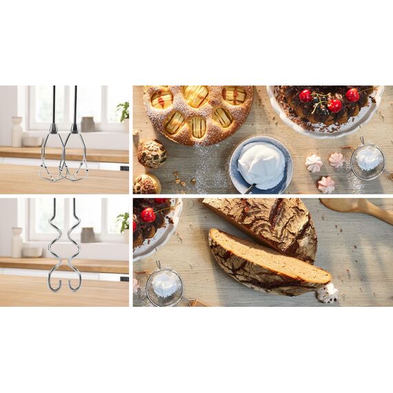 Bosch Handrührer Styline MFQ49300, 5 Stufen, 2 Edelstahl Rührbesen- und Knethaken, Spiralkabel, 850 W, weiß/dark silver