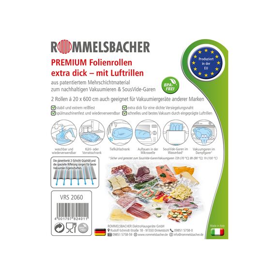 ROMMELSBACHER VRS 2060 Profi Folienrollen 20 x 600cm (2 Rollen, BPA-frei, für alle Balken-Vakuumierer, eingeprägte Luftrillen, wiederverwendbar, extrem reißfest) (Packung mit 2)
