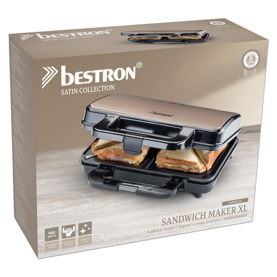 Bestron XL Sandwichmaker, Antihaftbeschichteter Sandwich-Toaster für 2 Sandwiches, inkl. automatischer Temperaturregelung & Bereitschaftsanzeige, 900 Watt, Farbe: Hellbeige/Satin