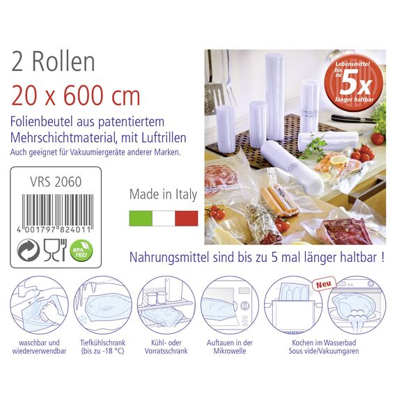 ROMMELSBACHER VRS 2060 Profi Folienrollen 20 x 600cm (2 Rollen, BPA-frei, für alle Balken-Vakuumierer, eingeprägte Luftrillen, wiederverwendbar, extrem reißfest) (Packung mit 2)