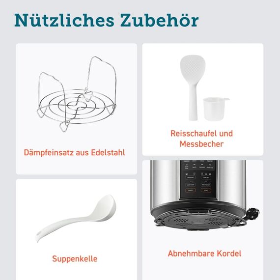 COSORI Schnellkochtopf, Keramikbeschichtung, 9-in-1, Multikocher mit 14 Funktionen, Pressure Cooker 5,7 L, Reiskocher, Dampfgarer, Joghurtbereiter, Slow cooker und Sous Vide, Rezeptbuch, Edelstahl
