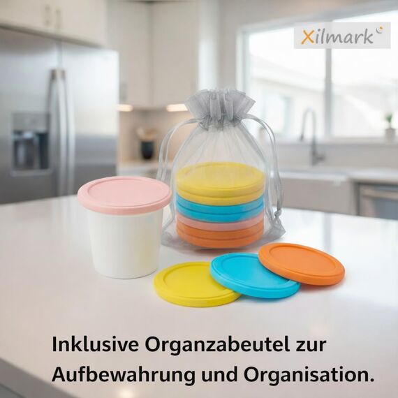 XILMARK JoghurtDeckel 500g, Wiederverwendbarer Deckel für Joghurtbecher, Dosendeckel Wiederverwendbar Silikondeckel Joghurt 500 G, Joghurt Kunststoff-Deckel (PACK 8 + BAG)