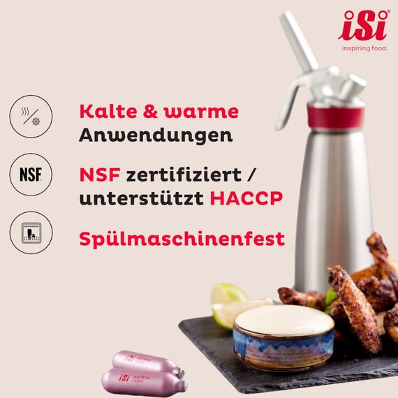 iSi Gourmet Whip Sahnespender 1 L, Alle Teile spülmaschinenfest, Körper aus hochwertigem Edelstahl, Betrieb mit iSi Sahnekapseln, Für Sahne, warme und kalte Saucen, Suppen, Espumas, Desserts