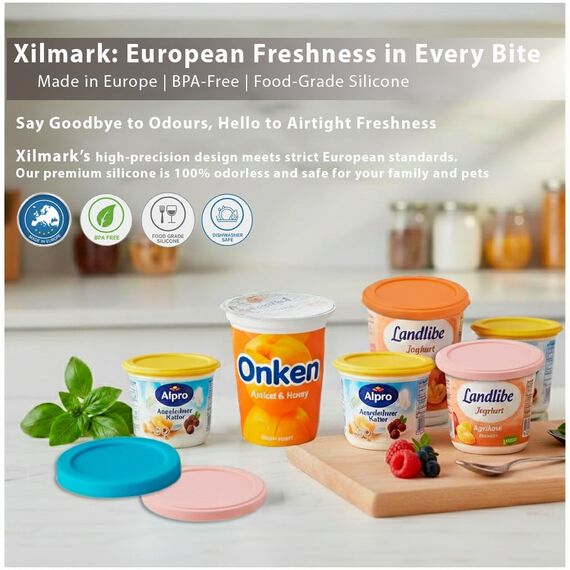 XILMARK JoghurtDeckel 500g, Wiederverwendbarer Deckel für Joghurtbecher, Dosendeckel Wiederverwendbar Silikondeckel Joghurt 500 G, Joghurt Kunststoff-Deckel (AMAZON FOUND)