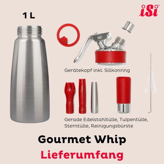 iSi Gourmet Whip Sahnespender 1 L, Alle Teile spülmaschinenfest, Körper aus hochwertigem Edelstahl, Betrieb mit iSi Sahnekapseln, Für Sahne, warme und kalte Saucen, Suppen, Espumas, Desserts