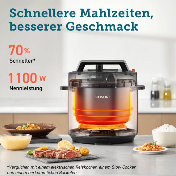 COSORI Schnellkochtopf, Keramikbeschichtung, 9-in-1, Multikocher mit 14 Funktionen, Pressure Cooker 5,7 L, Reiskocher, Dampfgarer, Joghurtbereiter, Slow cooker und Sous Vide, Rezeptbuch, Edelstahl