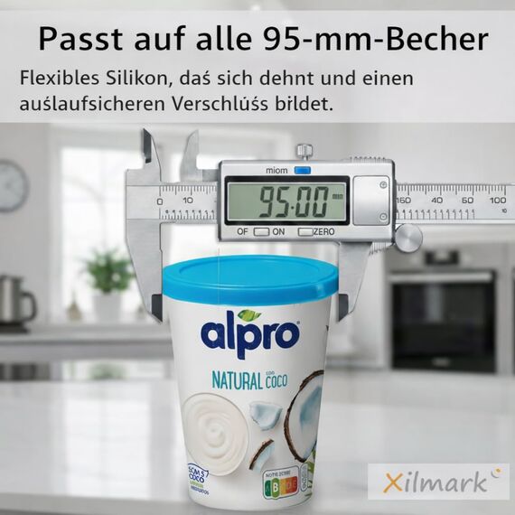 XILMARK JoghurtDeckel 500g, Wiederverwendbarer Deckel für Joghurtbecher, Dosendeckel Wiederverwendbar Silikondeckel Joghurt 500 G, Joghurt Kunststoff-Deckel (PACK 4 + BAG)