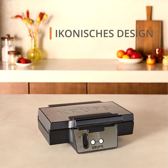 Krups FDK Iconic Waffeleisen, 850 W, keramikbeschichtete Antihaft-Platten, ikonisches Design, vertikale Aufbewahrung, benutzerfreundlich, Schwarz/Edelstahl, FDK261