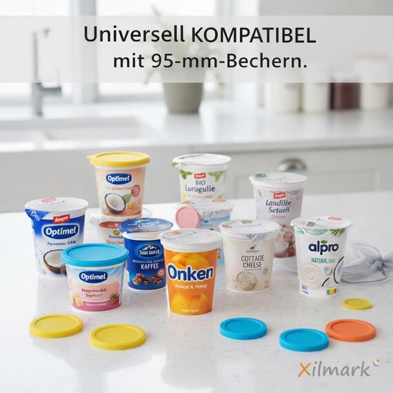 XILMARK JoghurtDeckel 500g, Wiederverwendbarer Deckel für Joghurtbecher, Dosendeckel Wiederverwendbar Silikondeckel Joghurt 500 G, Joghurt Kunststoff-Deckel (PACK 8 + BAG)