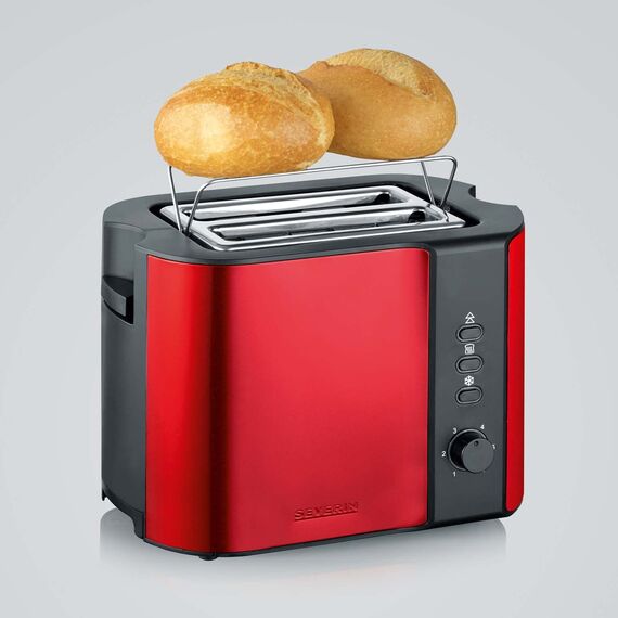 SEVERIN Automatik-Toaster, Toastgerät mit Brötchenaufsatz, hochwertig aus Edelstahl, zum Toasten, Auftauen und Erwärmen, 800 W, rot, AT 2217