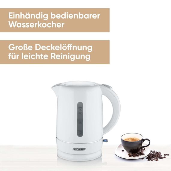SEVERIN Wasserkocher, 1,7 L Kapazität, mit herausnehmbarem Kalkfilter, Wasserstandsanzeige, Ein-Aus-Taste & Kontrollleuchte, 2.200 W, weiß, WK 4325