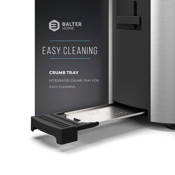 Balter Toaster 4 Scheiben, Langschlitz, Edelstahl, Brötchenaufsatz, LCD Display mit Restzeitanzeige, Auftaufunktion, Brotzentrierung, Krümelschublade, TS-04-LCD, Farbe: Silber
