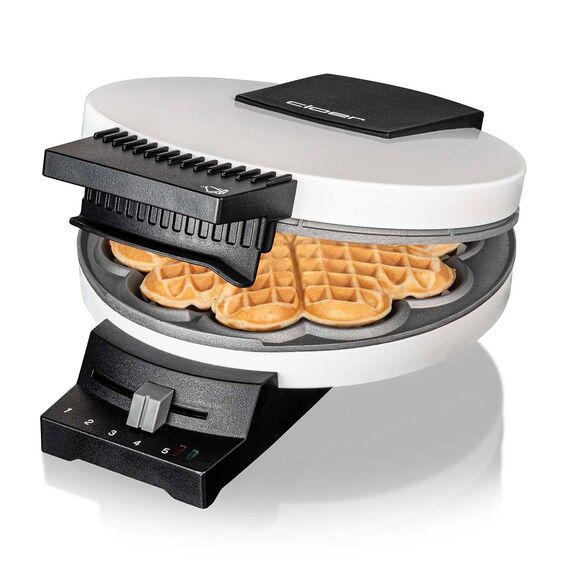 Cloer 181 Waffeleisen für eine Herzwaffel, 930 W, Waffelgröße 16 cm, schwere Backplatten, optische und akustische Fertigmeldung, Metall, weiß