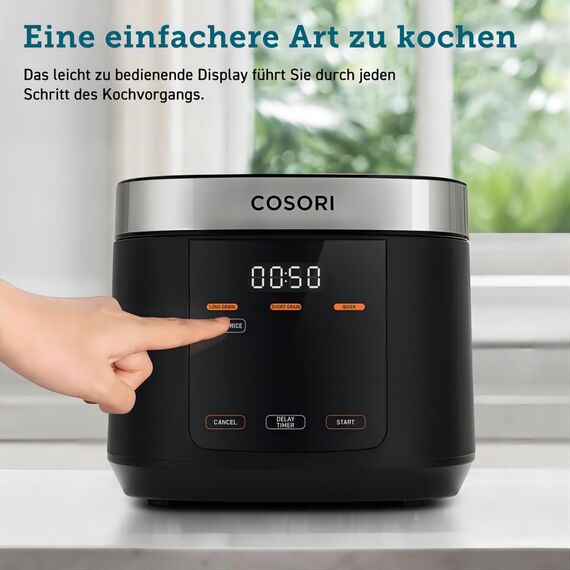 COSORI Reiskocher, Keramikbeschichtung, Rice Cooker 5 L, Multikocher mit 17 Programme, Fuzzy-Logik, Dampfgarer mit Edestahleinsatz, Warmhaltefunktion, Timer, Schwarz