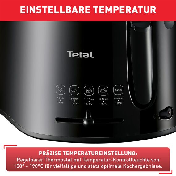 Tefal Maxi Fry Fritteuse, Cool Wall Technologie, bis zu 1,2 kg Fassungsvermögen, einklappbarer Griff, kompakte Größe, regelbares Thermostat von 150°C bis 190°C, schwarz, FF1078