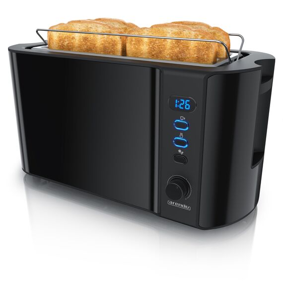 Arendo - Edelstahl Toaster Langschlitz 4 Scheiben - Defrost Funktion - wärmeisolierendes Gehäuse - mit integriertem Brötchenaufsatz - Krümelschublade - Display Restzeitanzeige - Klavierlack schwarz
