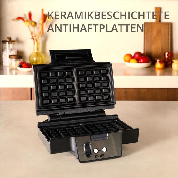 Krups FDK Iconic Waffeleisen, 850 W, keramikbeschichtete Antihaft-Platten, ikonisches Design, vertikale Aufbewahrung, benutzerfreundlich, Schwarz/Edelstahl, FDK261