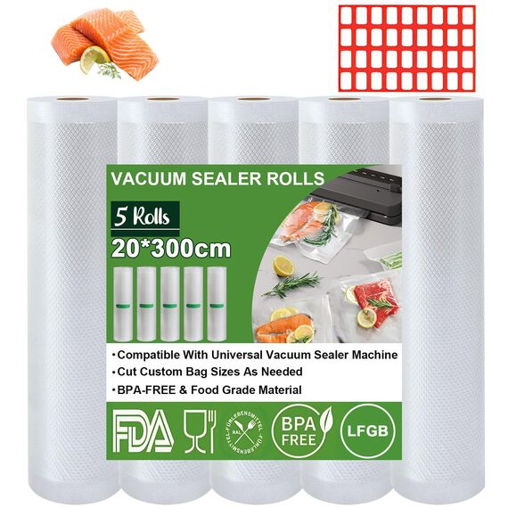 Omtofo Vakuumierbeutel 5 Rollen Vakuumierfolie, 20 x 300cm/Rolle Vakuumbeutel Lebensmittel, BPA-frei, reißfest, 190µm, Vakumierfolienrolle für Vakuumierer, Mikrowellen and Sous Vide