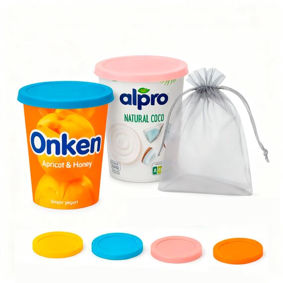 XILMARK JoghurtDeckel 500g, Wiederverwendbarer Deckel für Joghurtbecher, Dosendeckel Wiederverwendbar Silikondeckel Joghurt 500 G, Joghurt Kunststoff-Deckel (PACK 4 + BAG)