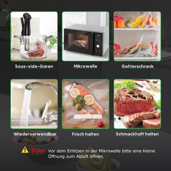 FRESKO Vakuumbeutel, Lebensmittel, 20 x 30 cm, 120 Beutel, geprägt, BPA-frei, Aufbewahrung, Einfrieren und Kochen im Vakuum, BPA-frei, geeignet für alle Vakuummaschinen