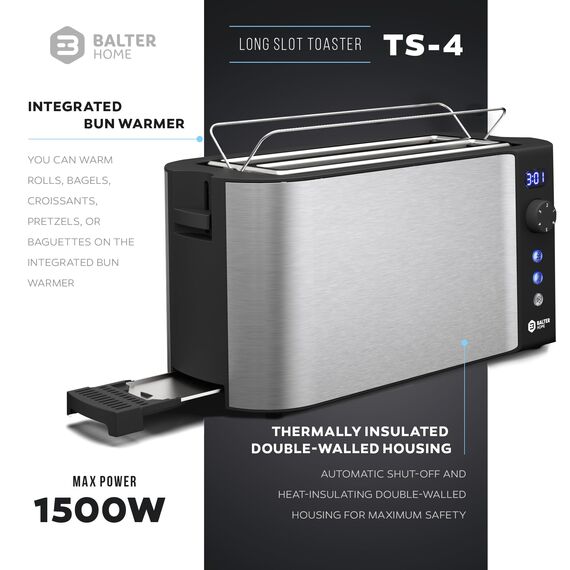 Balter Toaster 4 Scheiben, Langschlitz, Edelstahl, Brötchenaufsatz, LCD Display mit Restzeitanzeige, Auftaufunktion, Brotzentrierung, Krümelschublade, TS-04-LCD, Farbe: Silber