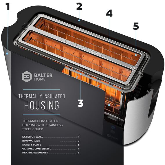 Balter Toaster 4 Scheiben, Langschlitz, Edelstahl, Brötchenaufsatz, LCD Display mit Restzeitanzeige, Auftaufunktion, Brotzentrierung, Krümelschublade, TS-04-LCD, Farbe: Silber