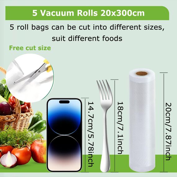 Omtofo Vakuumierbeutel 5 Rollen Vakuumierfolie, 20 x 300cm/Rolle Vakuumbeutel Lebensmittel, BPA-frei, reißfest, 190µm, Vakumierfolienrolle für Vakuumierer, Mikrowellen and Sous Vide