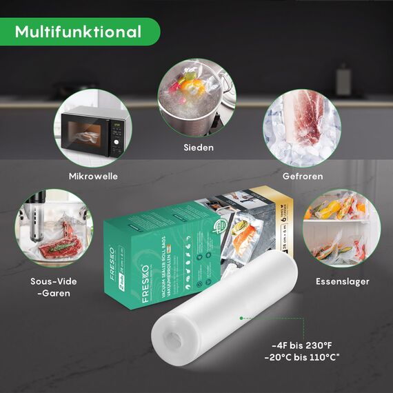 FRESKO Vakuumrollen 2 Rollen 28 x 600cm, Professionelle Vakuumierbeutel Folienbeutel, Größe für alle Vakuumiergeräte, BPA-frei, Geprägte Luftrillen, Sous-Vide-Gefrierbeutel