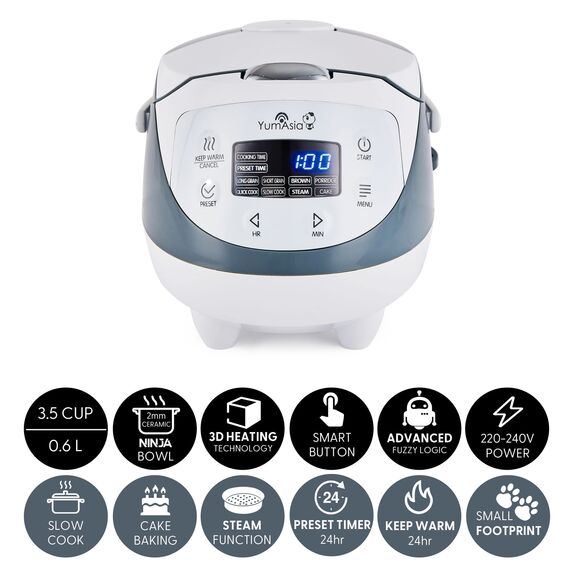 Yum Asia Panda Mini-Reiskocher mit Ninja-Keramikschüssel und Advanced Fuzzy Logic (3,5 Tassen, 0,63 Liter) 4 Reisfunktionen, 4 Multicooker-Funktion, 220–240V