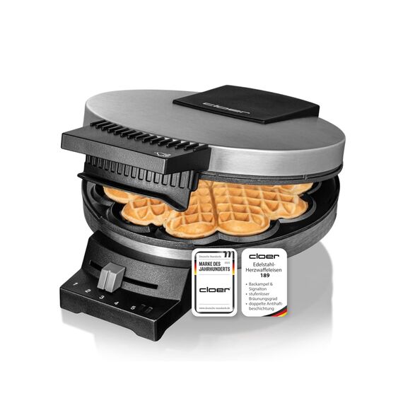 Cloer 189 Waffeleisen für eine Herzwaffel mit 16 cm Durchmesser, Herzwaffeleisen mit Doppelbeschichtung, schweren Backplatten, stufenlosem Bräunungsgrad, Backampel & Signalton, Edelstahl, 930 W