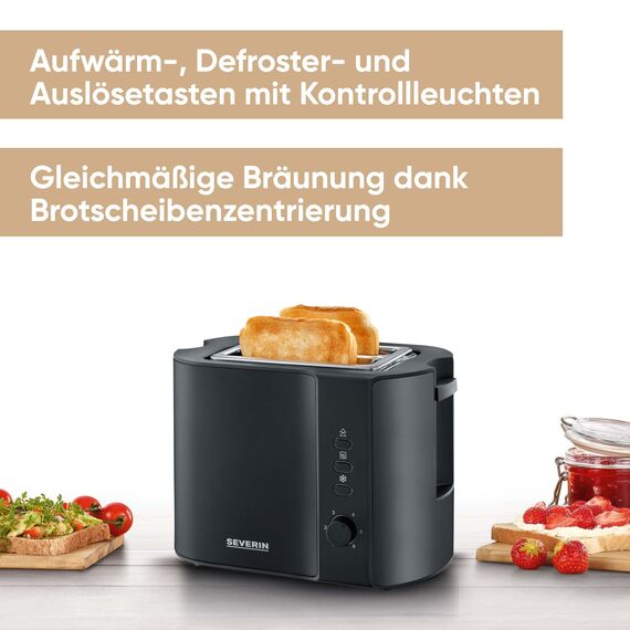 SEVERIN Automatik-Toaster mit 2 Toastschlitzen, mit Brötchenaufsatz, Edelstahl, zum Toasten, Auftauen und Erwärmen, 800 W, schwarz/matt, AT 9552