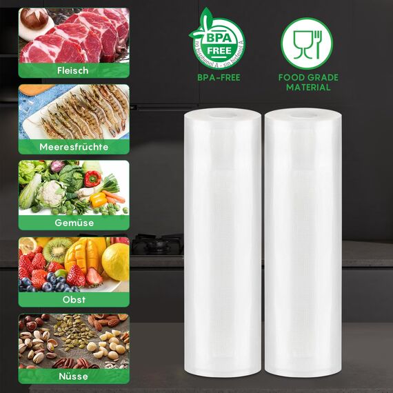 FRESKO Vakuumrollen 2 Rollen 28 x 600cm, Professionelle Vakuumierbeutel Folienbeutel, Größe für alle Vakuumiergeräte, BPA-frei, Geprägte Luftrillen, Sous-Vide-Gefrierbeutel