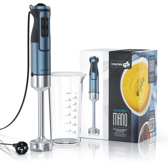 Arendo - Stabmixer 1000 Watt Edelstahl Set - vierflügeliges Messer - Pürierstab - stufenlose Geschwindigkeitsregelung - Turbotaste - Abnehmbarer Mixfuß - Blau