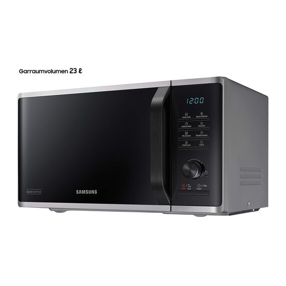 Samsung MS2AK3515AS/EG Mikrowelle, 800 W, 23 ℓ Garraum, 48,9 cm Breite, Kratzfester Keramik-Emaille-Inneraum, QuickDefrost Auftauprogramme, Silber