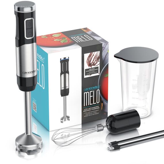 Arendo - Stabmixer kabellos - 200 Watt – mit Akku - Edelstahl Handmixer – Pürierstab – Schneebesen – Messbecher – stufenlose Geschwindigkeit – Tastensperre - Set