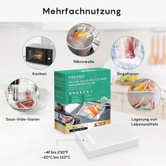 FRESKO Vakuumbeutel 28 x 40 cm / 80 Stück, professionelle Folienbeutel, geeignet für alle Vakuumiergeräte, BPA-frei, geprägte Luftrillen, Sous-Vide-Gefrierbeutel