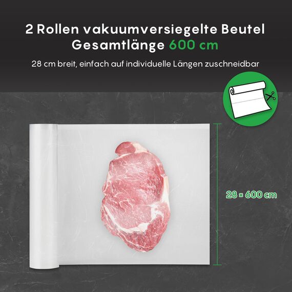 FRESKO Vakuumrollen 2 Rollen 28 x 600cm, Professionelle Vakuumierbeutel Folienbeutel, Größe für alle Vakuumiergeräte, BPA-frei, Geprägte Luftrillen, Sous-Vide-Gefrierbeutel